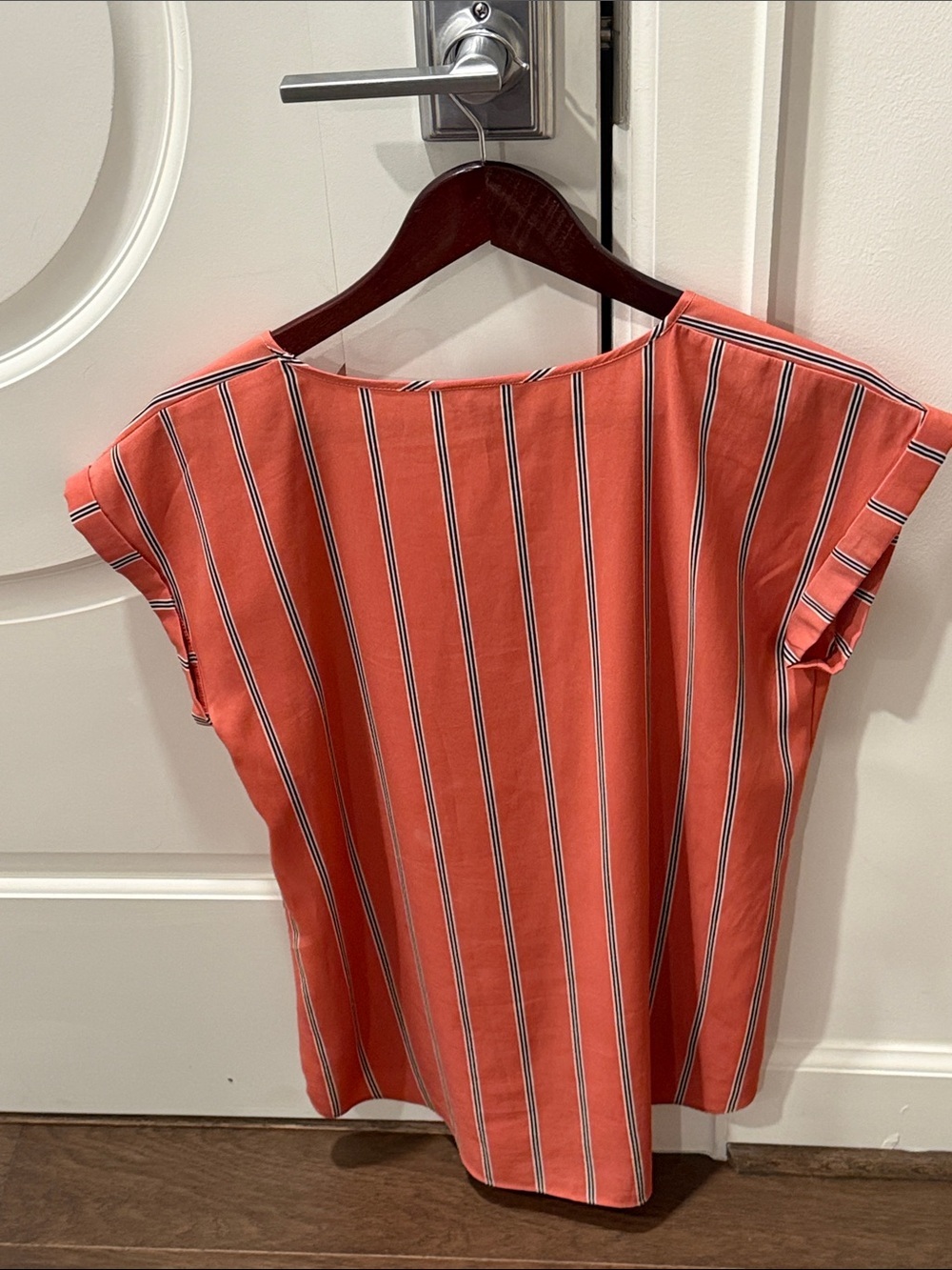 Express Coral and White Striped V-Neck Short Sleeve Blouse - Picture 3 of 3